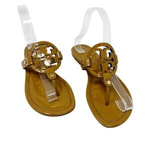 TORY BURCH Tan Caramel Patent Leather Miller Classic Designer Logo Sandals 6.5